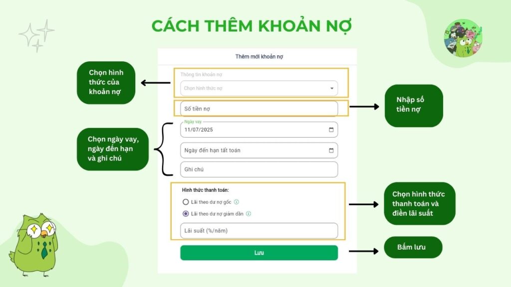 Cách thêm khoản Nợ