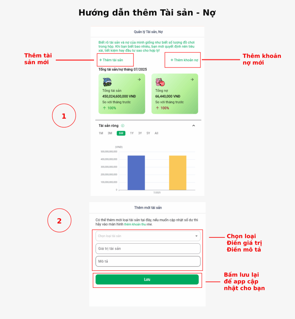 Thêm tài sản hoặc khoản nợ lên app để theo dõi 