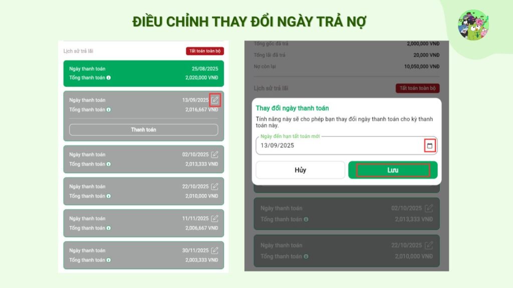 Điều chỉnh thay đổi ngày trả nợ